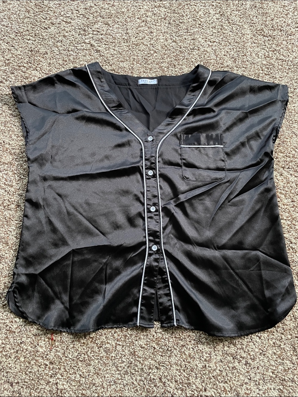 Ekouaer Black Satin Button-Up Pajama Top with White Piping